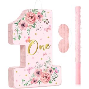 Pink Floral Piata Number 1 Piata Set with Blindfold, Bat and Filler for Flower Theme Gender Reveal Baby Shower Kids First Birthday Party Supplies