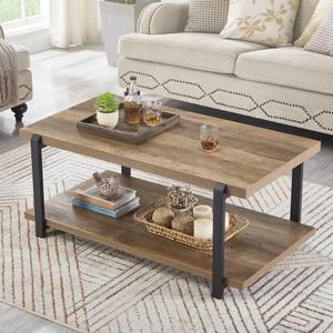 FOLUBAN Industrial Coffee Table with Shelf, Wood and Metal Rustic Cocktail Table for Living Room, Oak, 42.1 inch