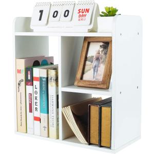 PAG Desktop Shelf Freestanding Wood Small Bookshelf Desk Supplies Organizers and Accessories Storage Display Rack Office Decor for Women, White, Style 2