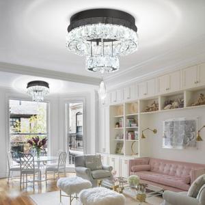 Flashing God Dia 12" Mini Chandelier Modern Crystal Chandeliers for Hallway Black Flush Mount Ceiling Light Modern Chandeliers Lighting for Bedroom Staircase Kitchen