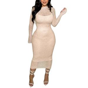 CALEBGAR Women's Elegant Bodycon Midi Dress Lace Sheer Mesh Long Sleeve Slim Fit Long Dress Party Cocktail Wedding Guest Dress Beige Medium