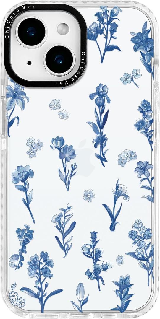 for iPhone 14 Plus Case, Elegant Blue Floral Scatter Pattern with Lilies & Tulips, Military-Grade Drop Protection, Serene TPU Protective Cover with Camera Protection for Women Girls