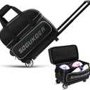 2 Bowling ball Bag with Wheels, Lightweight Trolley Double Ball Bowling bag with Large Separate Shoe Compartment and Oversized Accessory Pocket, Retractable Handle Extends To 39.5" (Black & Grey)