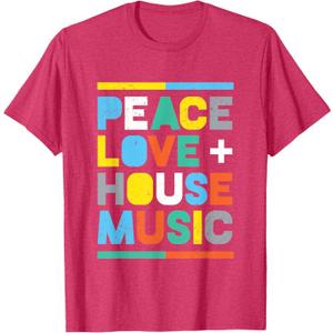 House Music T-Shirt: EDM DJ Shirt, Peace, Love & House Music T-Shirt 3XL Red Heather