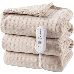 Dowin Heated Blanket Electric Blanket - Throw Size Waffle Fleece Heating Warming Blankets with Auto Shut Off for Couch Office Chair Bed Adults Fuzzy Cozy Machine Washable 50x60 Khaki