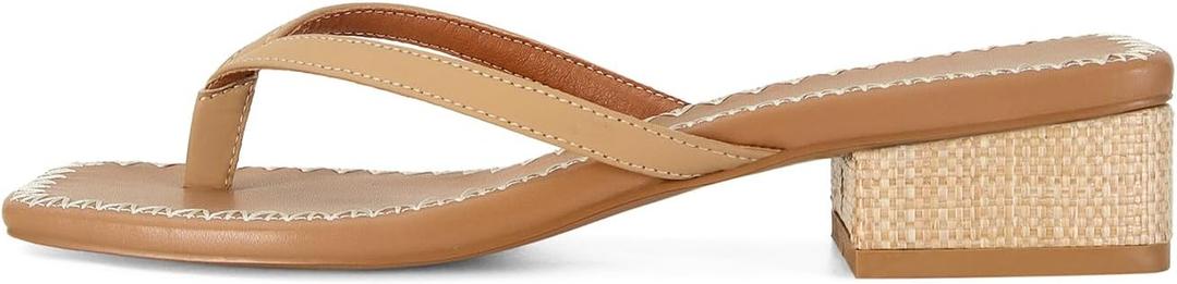 DOEYG Raffia Heels Sandals Summer Beach Flip Flops Heels Square Open Toe Heeled Sandals Dressy Comfortable Slip on Thong Sandal Size 6.5