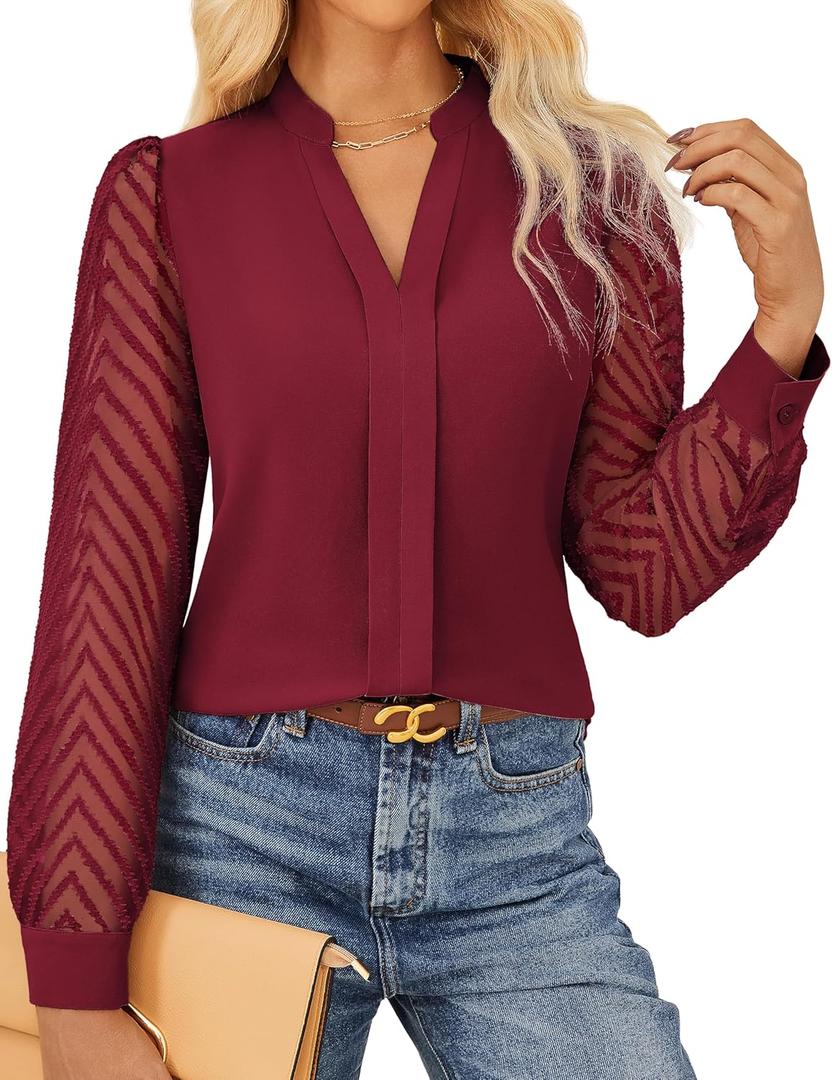 GRACE KARIN Women Business Casual Tops Sheer Lace Long Sleeve Blouses Work Office Pleated V Neck Shirt Fall Formal Outfits (X-Large, Wine Red)