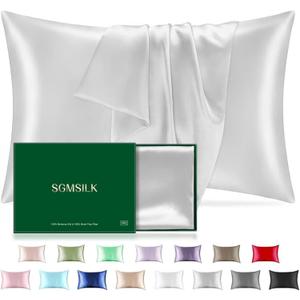 Mulberry Silk Pillowcase for Hair and Skin, SGMSILK 22 Momme Natural Silk Pillow Cases with Zipper, 6A Soft and Smooth Single Sided Pure Silk Pillow Cover (Light Gray, Queen 20"x30")