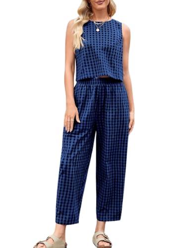 Rantar Womens Cotton Checker Set 2 Piece Beach Vacation Outfit Summer Tank Top Pants Suit, Large