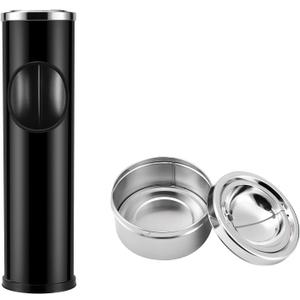 Anfrere Standing Ashtray Outdoor for Patio, Large & Tall Outside Ash Tray for Cigarette Butt Receptacle Disposal, Commercial Metal Smokers Cigar Ash Tray Container with Lid and Trash Can, D01BK (Black)