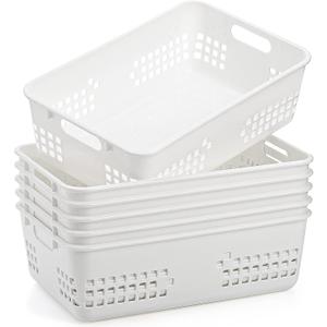 Jucoan 6 Pack White Plastic Storage Baskets, 12 X 8 X 4 Inch Large Plastic Storage Organizer Tray Bin with Handles for Classroom, Drawer, Closet, Bathroom Kitchen
