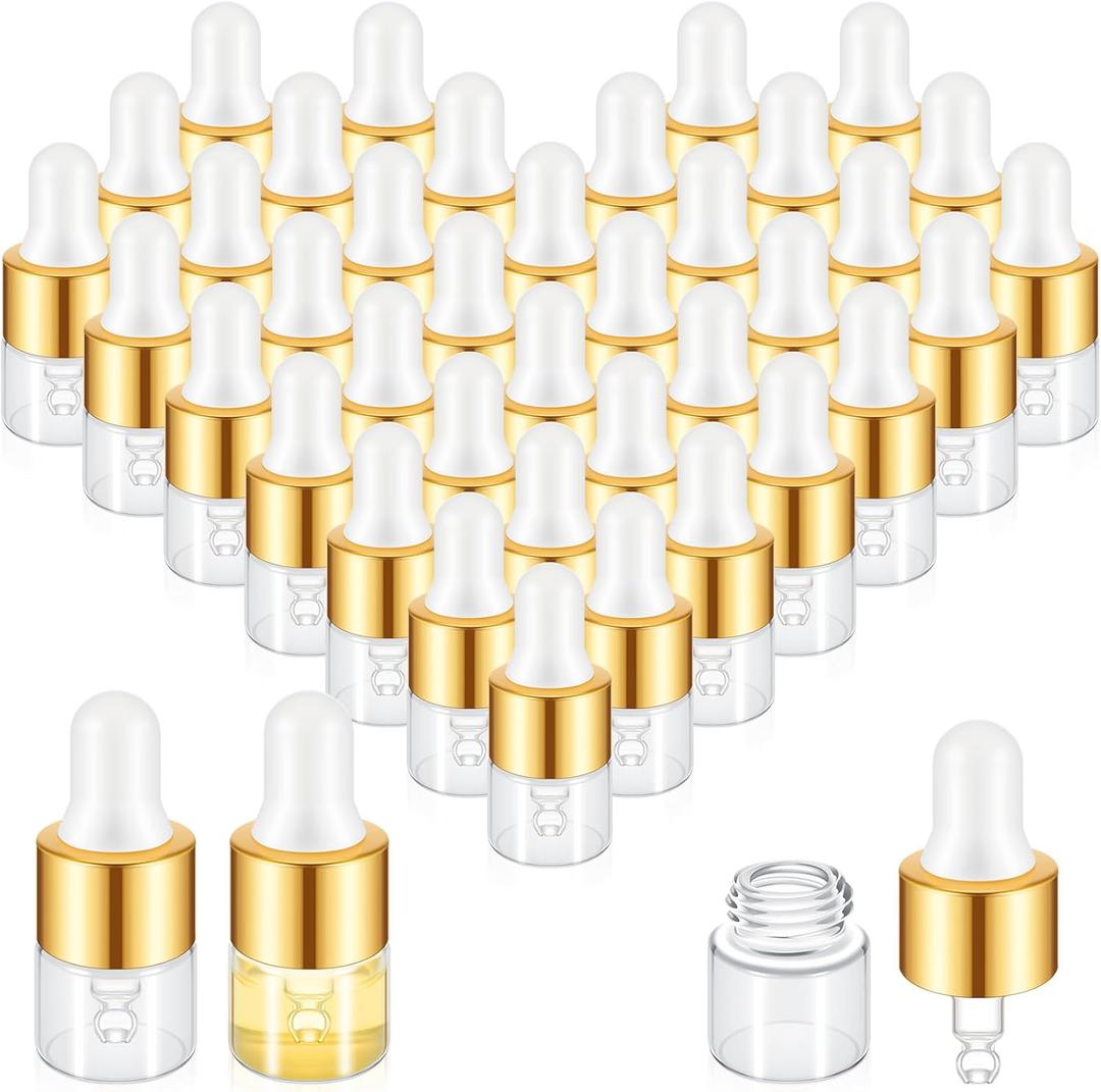 100 Pcs Mini Glass Oil Dropper Bottle Bulk, Clear Essential Small Empty Bottles Sample Containers Perfume Liquid Vials with Cap for Traveling (1 ml, Gold)