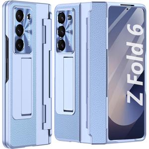 for Galaxy Z Fold6 Case, with Screen Protector, Rugged Hinge Protection, Camera Lens Cover, PU Leather Protective Phone Case for Samsung Z Fold 6, Blue