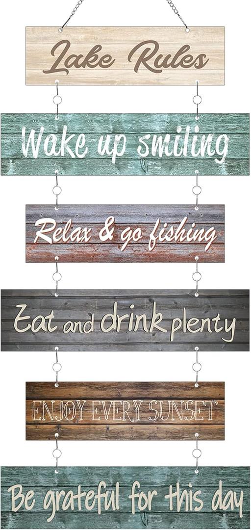 Lake Rule Wall Signs Lake House Decor Rustic Vintage Wall Art Gifts Metal Sign Lakeside Hanging Decor for Kitchen Farmhouse Home Decoration(Vivid Colors)