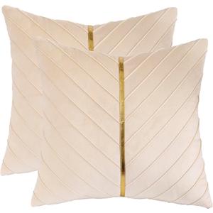 Cream Pillow Covers 18 x 18 Pack of 2 with Gold Leather Soft Velvet Throw Pillow Covers Decorative Couch Pillow Cover Luxury Modern Pillowcases Spring Summer Home Decor for Sofa Bed Living Room
