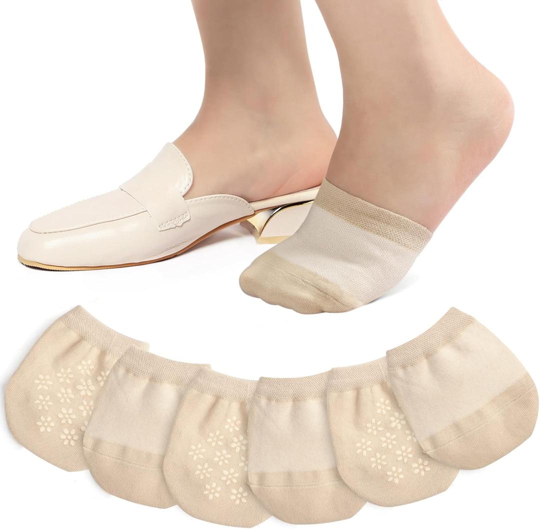 Toe Toppers No Show Liner Half Socks for Women Seamless Grip Non Slip Hidden Toe Covers for Mules 4/8 Pairs (One Size, 6 Pairs Nude)