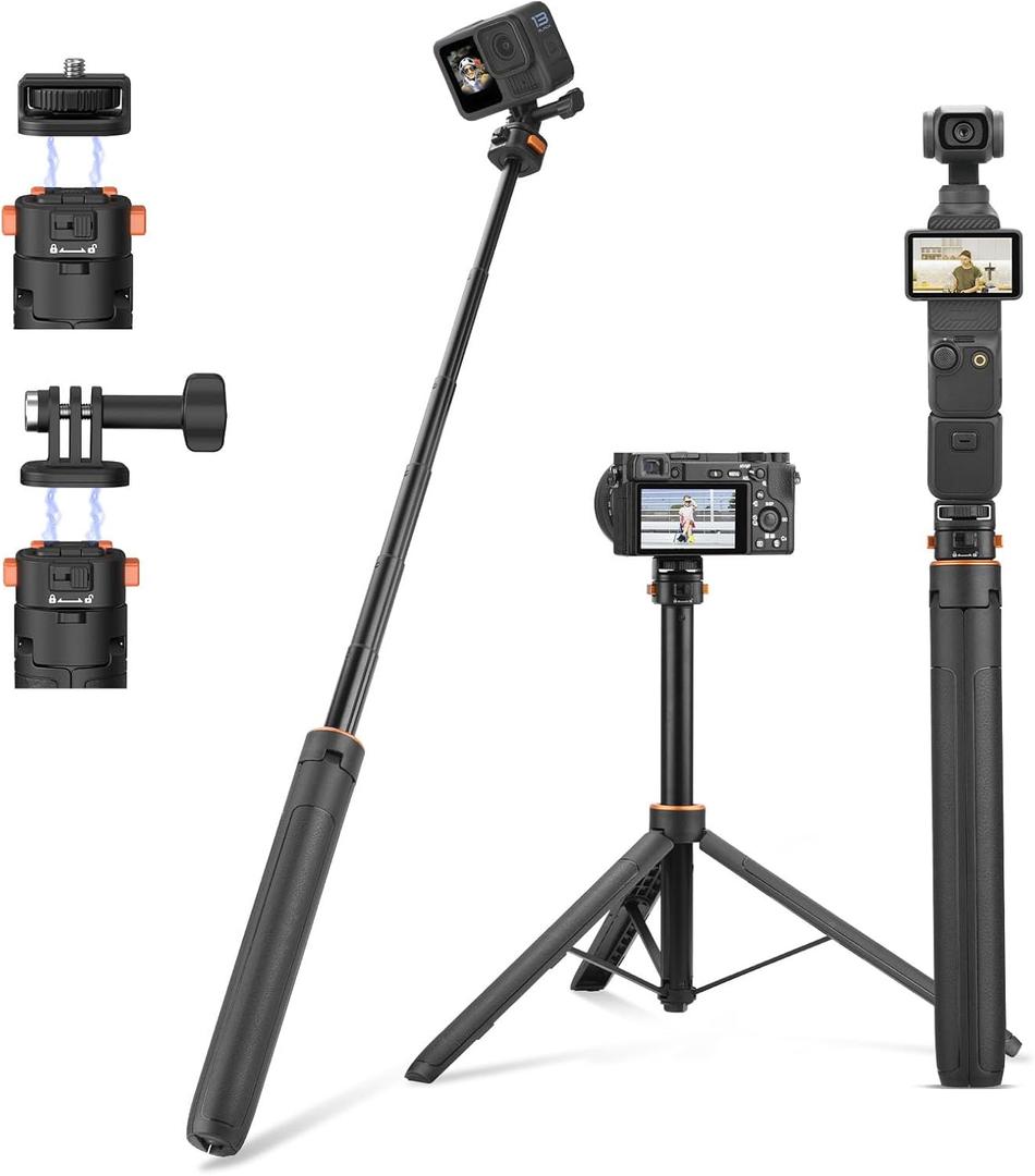 64in Pocket 3 Selfie Stick Tripod for GoPro Camera, Extendable Stand with Quick Release 1/4'' Screw Vlog for DJI Osmo Pocket 3 Action 5 Pro 4 3 for Insta360 X4 X3 X2 for AKASO DSLR Accessories