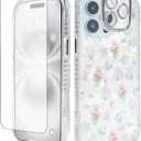 Cute Tulip Flowers Bow Shell Pattern for iPhone 12 Pro Max Case, [3 in 1] with Screen Protector & Camera Lens Protector, Clear Soft Shockproof Slim Fit Floral Phone Cover for Women (White)