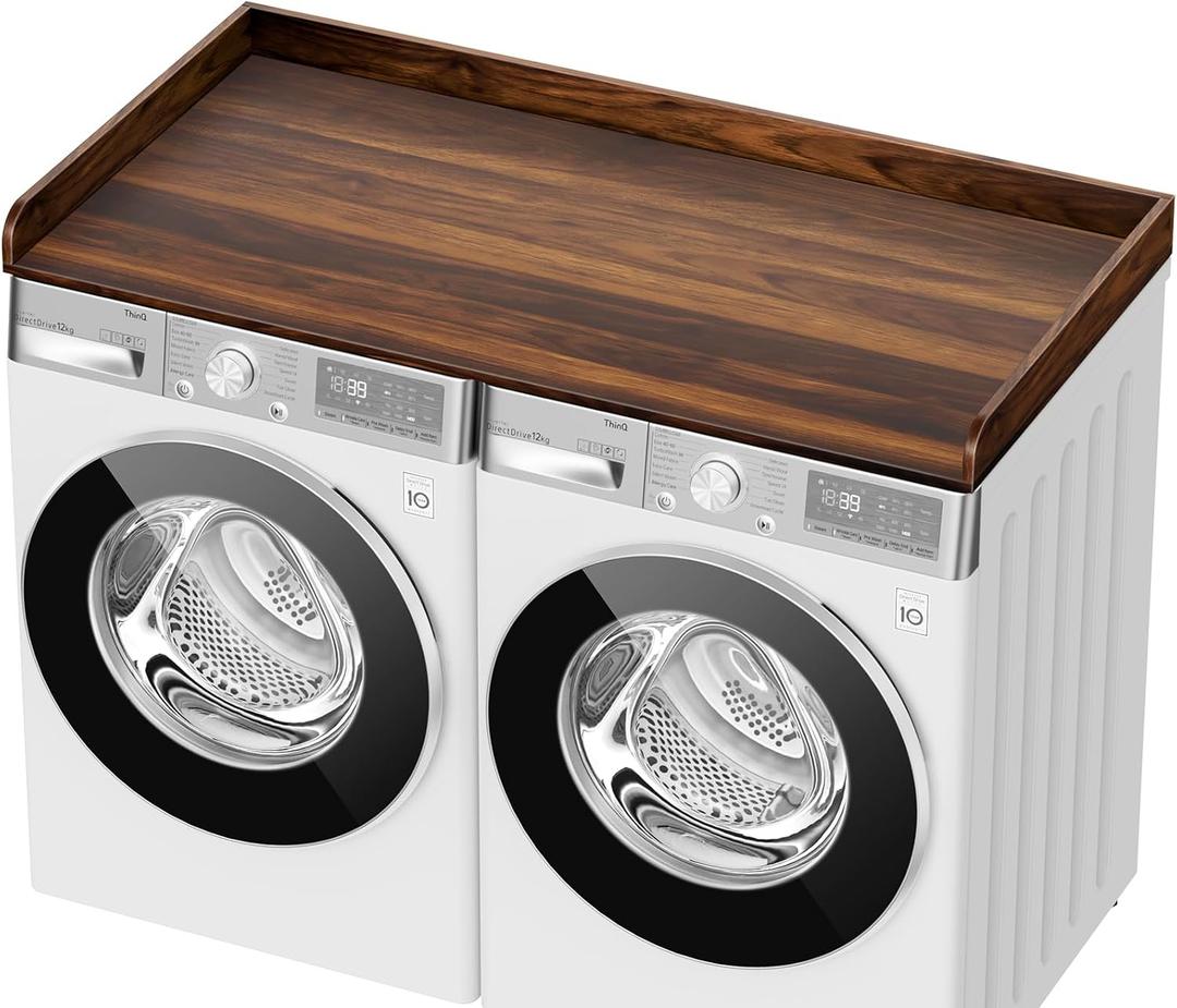 Washer Dryer Countertop, 27.5" D x 54" W Washer and Dryer Topper Covers with Edge Rails, Wood Laundry Room Countertop Shelves for Laundry Room Organization and Storage (Brown)