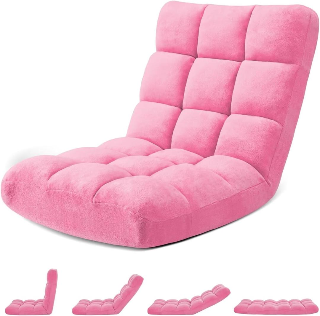 Folding Floor Gaming Chair 14-Poistion Cushioned Adjustable Floor Lazy Sofa Chair w/Breathable Cotton & Skin-Friendly Coral Velve for Adults & Kids Perfect for Reading Gaming Meditating, Pink