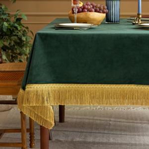 F-CHU Luxury Green Tablecloth Thickset Velvet Tablecloth with Beautiful Gold Tassels Table Cloth for Home Decor Wedding, Party, Banquet and Events 60x102-Inch