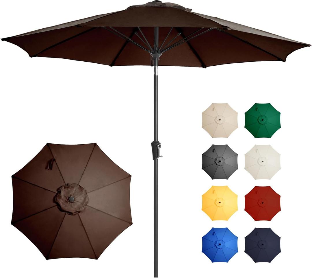Ayge 9FT Large Outdoor Patio Umbrella Market Table Umbrella-UV Resistant, Easy Push Button Tilt and Crank, 8 Sturdy Fiberglass Ribs Heavy-Duty Pool Umbrella for Deck,Backyard, Garden, Brown
