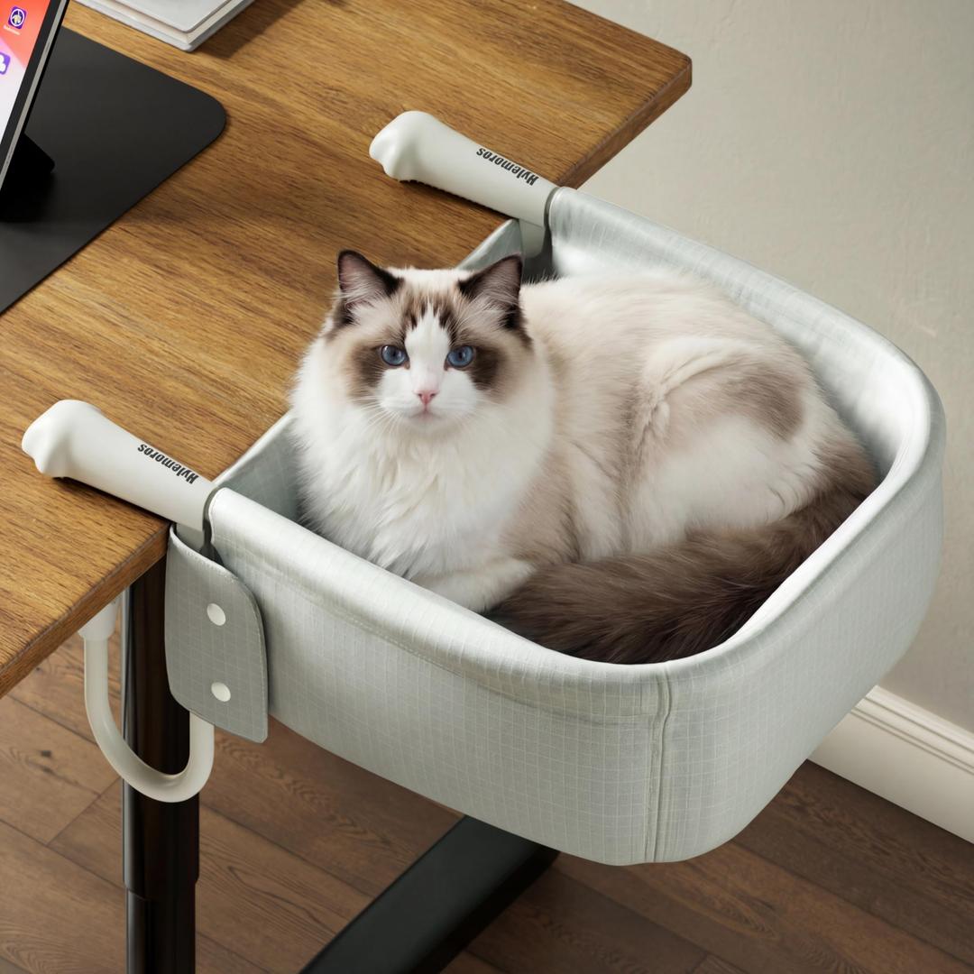 Hylemoros Cat Desk Bed for Large Cats 50 lbs Heavy Duty Cat Bed for Desk Attachment with Paw Design Extra-Sturdy Dog Chair Dual-Sided Mat Waterproof Easy Assembly for Gaming Desk Kitchen Island White