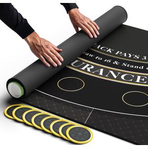 Newverest Blackjack Mat 70" x 35", Blackjack Table Top for Home Game Nights with Friends | Black Jack Casino Table Topper, Poker Mat Layout in Zipper Storage Bag with 8 Coasters in Gift-Ready Box