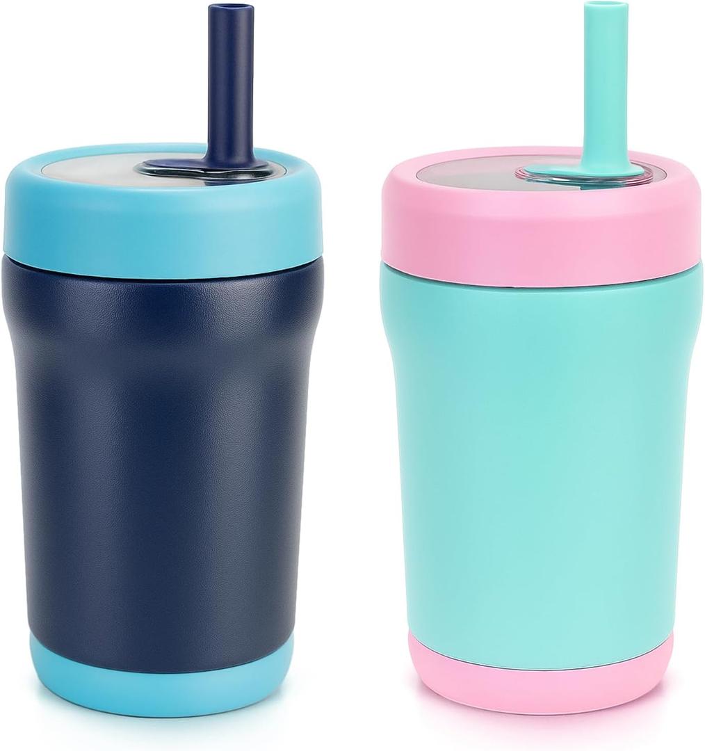 Zukro Toddler Tumbler with Flexible Straw, Spill Proof Clear Lid, 12 oz Kids Insulated Travel Cups, Stainless Steel Sippy Cup with Non-slip Bottom, BPA Free & Dishwasher Safe - Navy & Mint