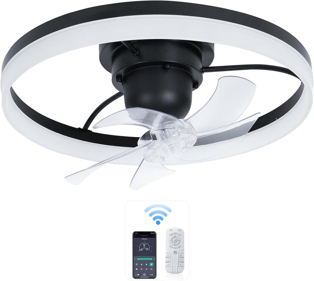 20" Black Ceiling Fan with Light and Remote - Smart 360 Rotating Ceiling Fan, Adjustable 3000-6500K Color Temperature, 6 Speed Settings