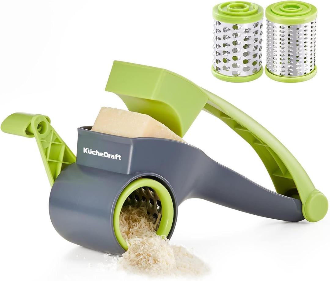 Cheese Grater with Handle, Kitchen Parmesan Cheese Grater with 2 Stainless Steel Drums, Rotary Cheese Grater Handheld for Grating and Shredding Hard Cheese, Chocolate, Medium, Green