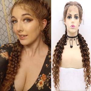 xiweiya 26inch Mixed Burgundy Double Dutch Braided Wigs Pure Human Hand Bouncy Curly Ombre Wine Red Lace Front Wig with Baby Hair for Women