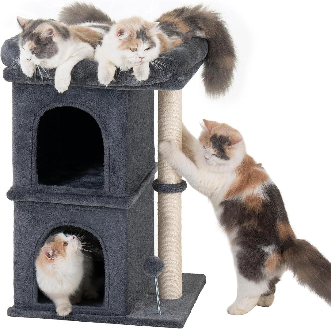 Aechonow 24in Cat Tree Tower with Scratching Post, 19 * 16.5in Window Perch Bed for Large Adult Cats, 2 Small Condo Cubbies for Indoor Kittens, Dark Gray