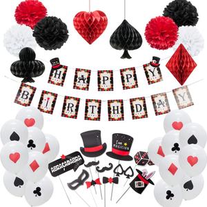 Magician Birthday Party Supplies Poker Themed Las Vegas Casino Themed Latex Balloons Paper Honeycomb Pom Poms Magic Show Photo Booth Props Decoration Easy Joy (Black White Red)