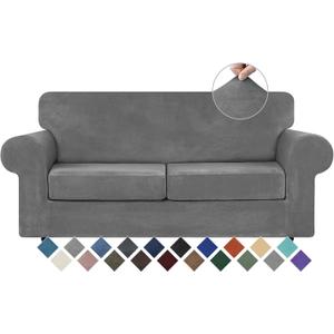 WEERRW Velvet Couch Covers for 2 Cushion Couch Sofa - High Stretch Luxury Velvet Plush 3 Pieces Sofa Slipcovers with Elastic Bottom, Furniture Protector for Pets, Machine Washable, Light Grey, Medium