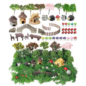 58 Pcs Mini Garden Accessories Set Fairy Village Miniature Fairy House Starter Kit Mini Terrarium Figurines Micro Landscape Mixed Model Tree Diorama Supplies for DIY Succulent Dollhouse Craft