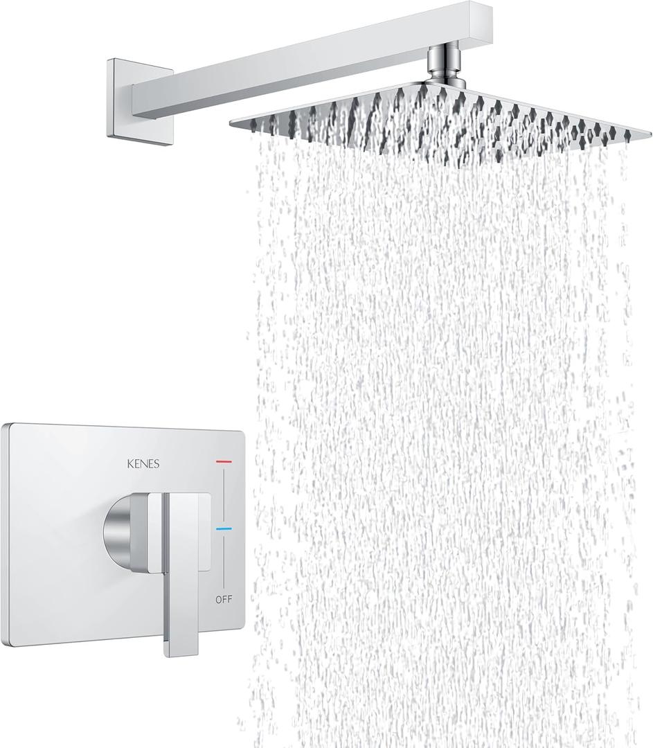 KENES Modern Polished Chrome 10-Inch Shower Head and Handle Set, Square Shower Faucet Set Bathroom Rainfall Shower System, KE-6024B-5 (Shower Valve Included)