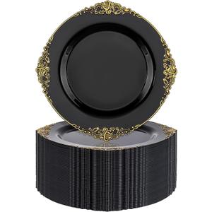 Nervure 100PCS Black Gold Plastic Plates - 7.5 inch Black Plastic Plates with Gold Rim - Disposable Dessert Plates for Wedding & Party