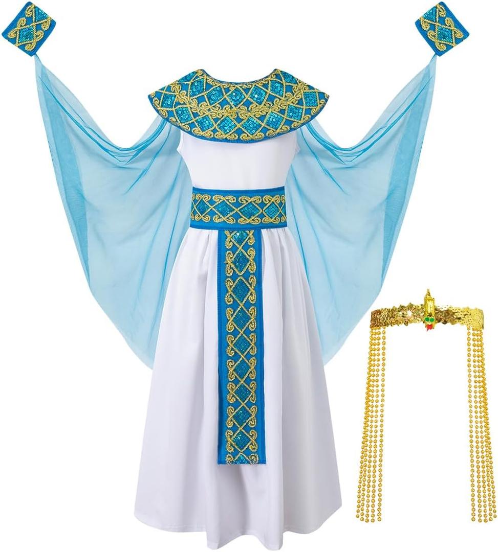 Kids Girls Egyptian Costume Set Cleopatra Dress Halloween Outfit with Headpiece, Size: 10-12 Years