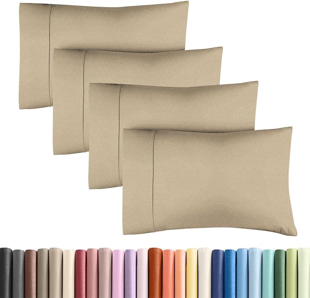 Standard Pillow Cases Set of 4 - Soft Hotel Quality Pillowcase Covers - Comfy Bedding for Women, Men, Kids & Teens - Machine Washable Pillow Protectors - 4 Piece Set - Standard Size Heathered Beige