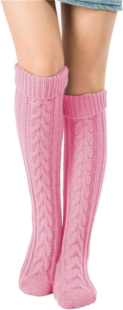 SherryDC Women's Cable Knit Long Boot Stocking Socks Knee High Winter Leg Warmers (Pink)