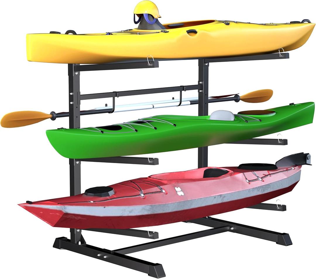 Outdoor Freestanding Kayak Rack, Heavy Duty Kayak Stand for 3 Kayaks, Canoe, Surfboard, Paddle Board Storage, Hold up to 600lbs, Black