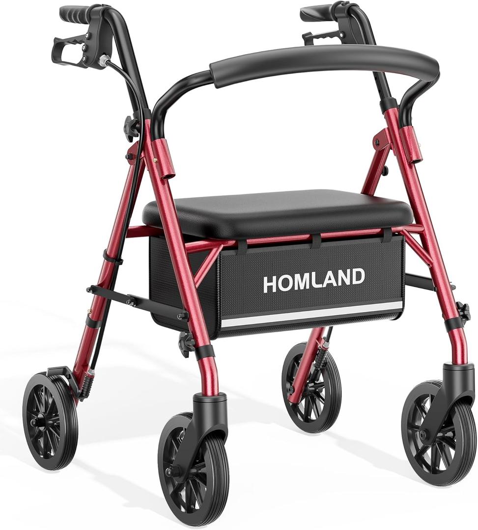 Rollator Walkers for Seniors with Seat, Folding Lightweight Rolling Walker with 12-Inch Wide Seat, Adjustable Handles, Removable Backrest, 300 lbs Capacity (Red)