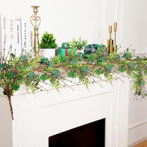6.6 FT Shamrock Wreath St. Patrick's Day Wreath Lucky Green Shamrock and Berry Garland Green Clover Artificial St Patrick's Day garland for Front Door Arch Wall Entryway Mantel Decor
