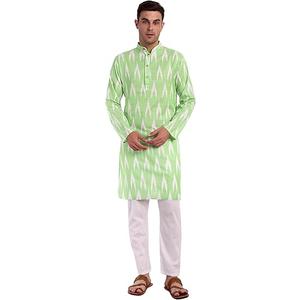 SKAVIJ Men's Pure Cotton Printed Kurta Pajama Set Ikat Design Casual Ethnic Dress (KP118limegreen_Lime Green_S)