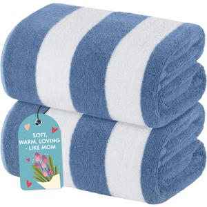 White Classic Beach Towels Oversized Cabana Stripe Cotton Bath Towel Large - Luxury Plush Thick Hotel Swim Pool Towels for Adults Super Absorbent Quick Dry - 35x70 Light Blue [2 Pack]