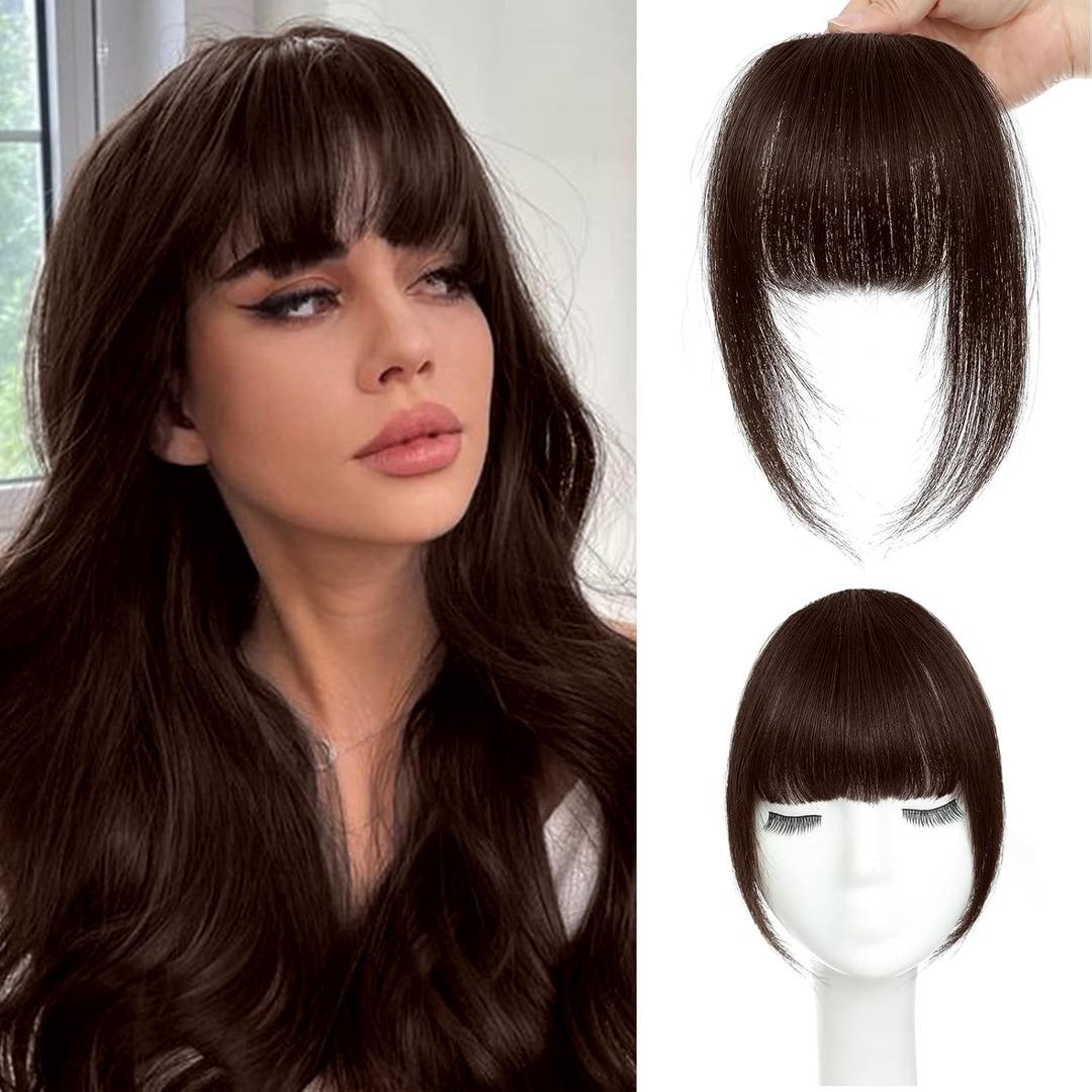 MOCA HAIR Clip in Bangs 100% Real Human Hair Extensions French Dark Brown Fake Bangs Hair Clip on bangs for women Fringe with Temples Hairpieces Faux Bangs for Daily Wear