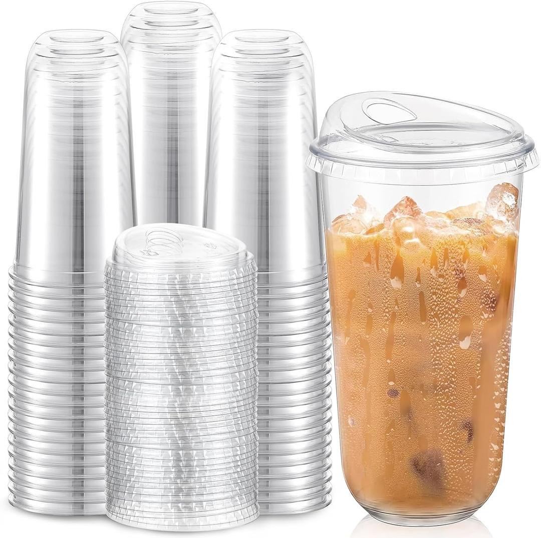 Baderke 100 Pcs Plastic Cups with Sip Lids Round Bottom Disposable Plastic Coffee Cups with Lids Clear Strawless Crystal Mugs for Iced Coffee Smoothie Cold Beverage Party Catering Supplies (20 oz)