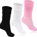 Moon Wood Women Slouch Socks 3 Pairs Extra Long Cotton Knit Knee High Thick Scrunch Socks Size 5-11 (Black/White/Pink)
