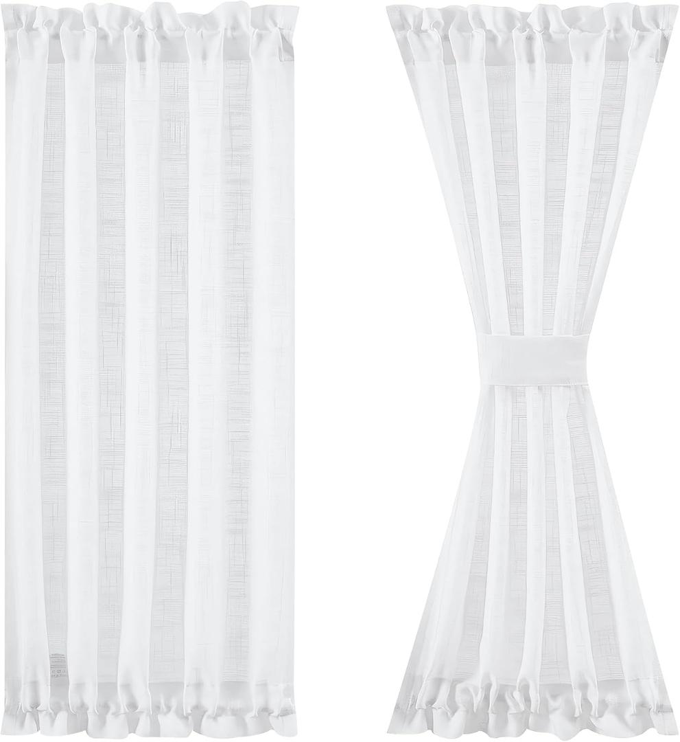 FMFUNCTEX Sheer Linen French Door Curtains - White, 72 Inches Long, Linen Textured Front, Solid Privacy, Sliding Door Curtain Set With Tiebacks, 50 Inches Wide, 1 Panel